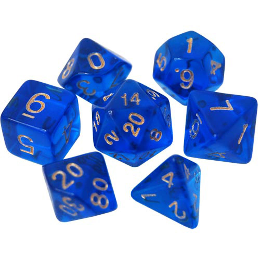 Game Plus Products 16mm Resin Dice: Transparent - Dark Blue w/ Gold Numbers (7)