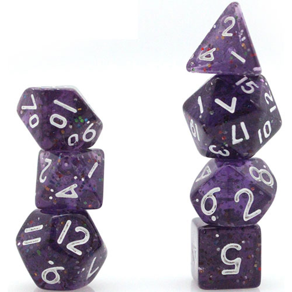 Game Plus Products 10mm Resin Dice: Transparent - Purple w/ Glitter (7)